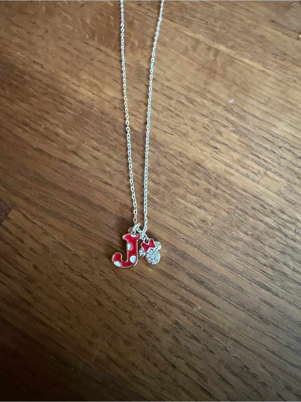 Disney Red J Initial Necklace with Rhinestone Minnie Charm